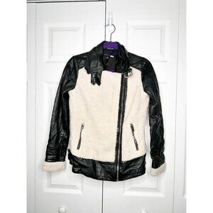 Slate & Willow Black Leather Faux Sherpa Aviator Jacket Women's Size X-Small XS